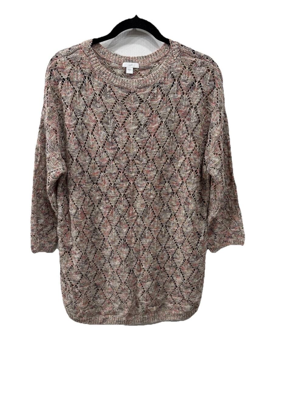 J Jill L Open Knit Crochet Sweater Pebbled Multi Speckled Diamond Pattern